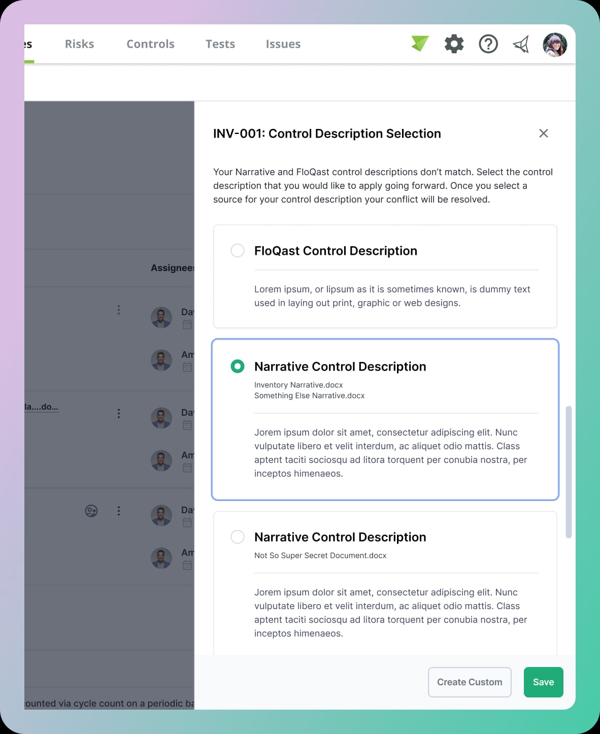 Conflict resolution drawer comparing control descriptions