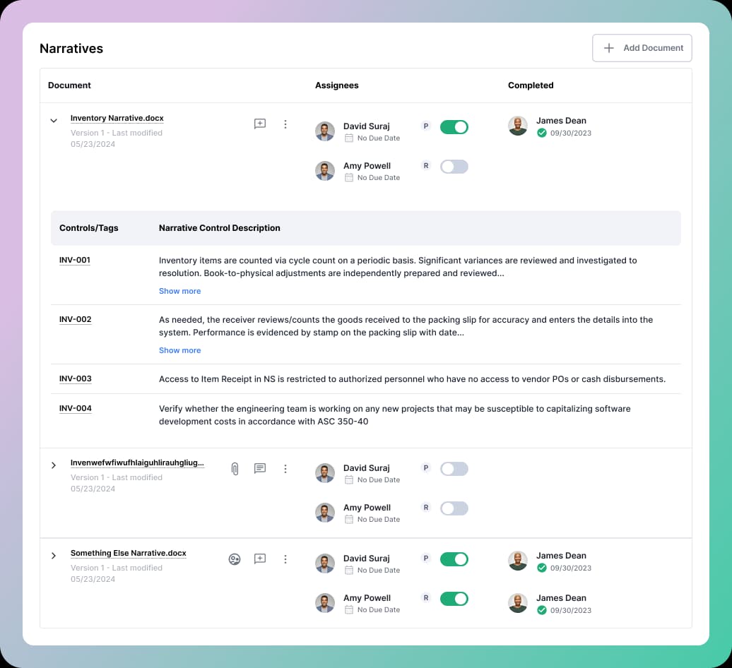 First iteration of the narratives section listing multiple documents