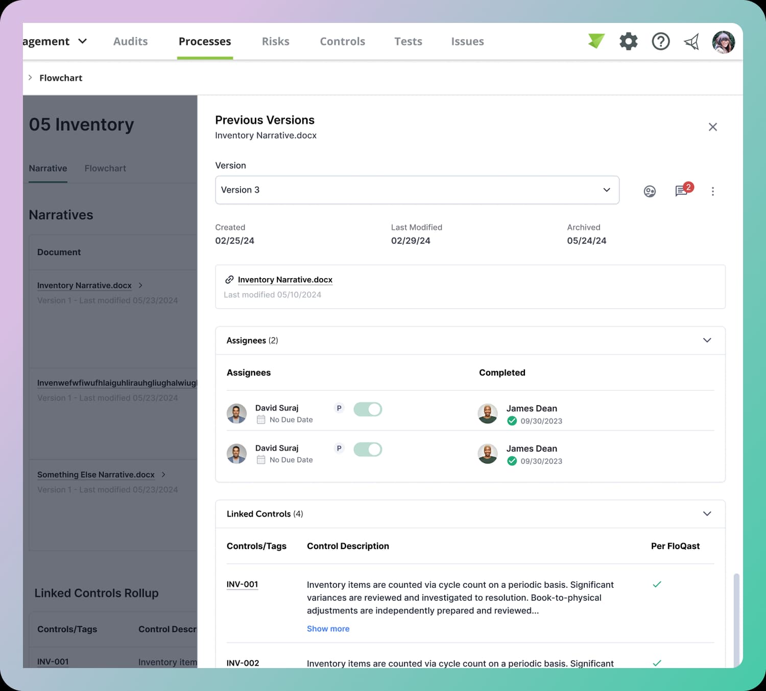 Per-document version history panel