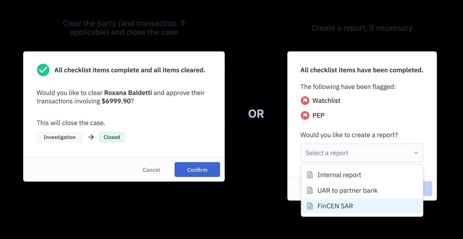 Completed checklist prompting case actions