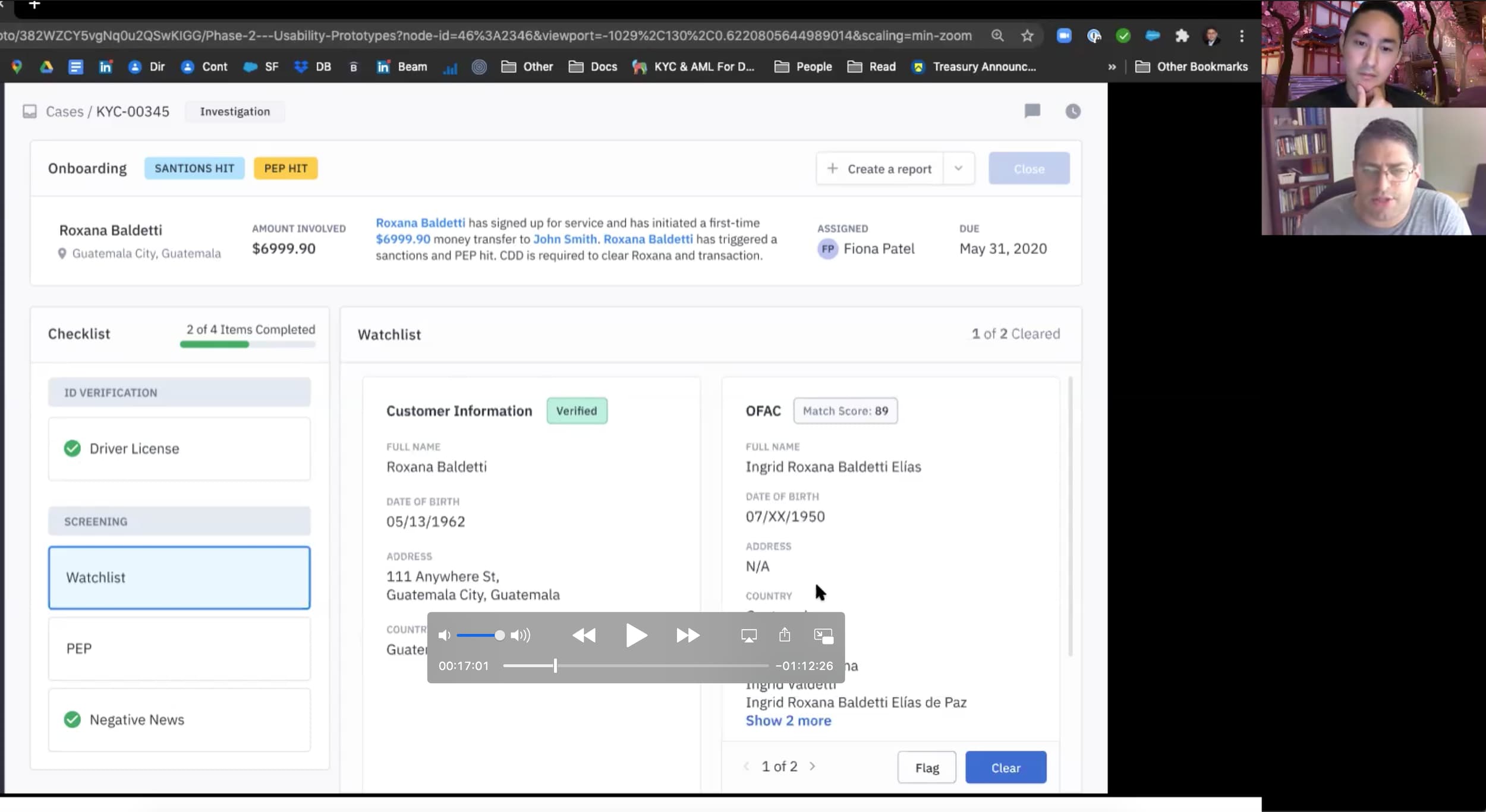 Usability testing prototype of a KYC case screen showing the checklist, customer information, and watchlist screening
