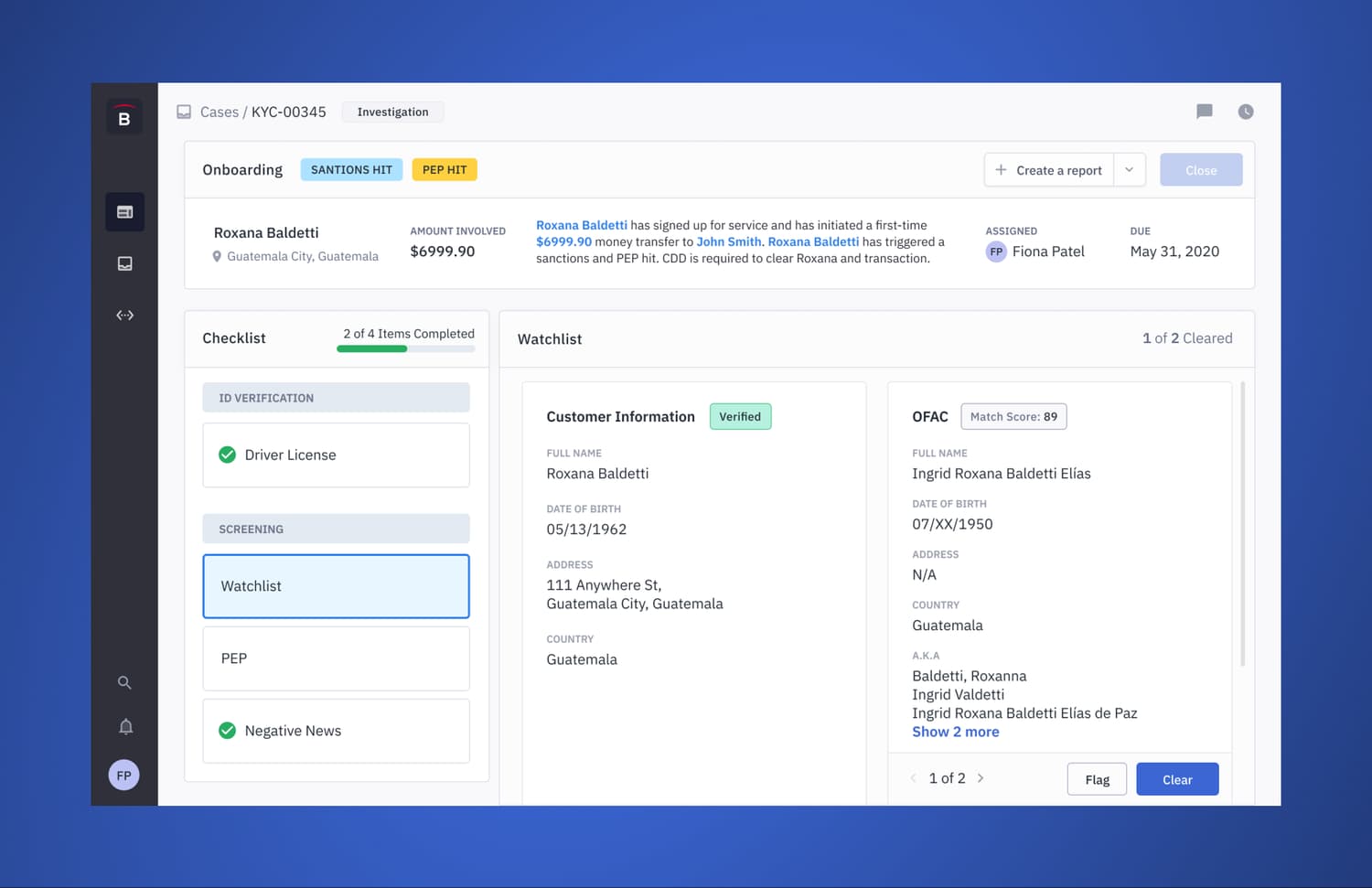 Redesigned KYC case screen with watchlist screening